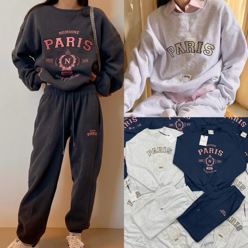 PARIS warming set ชุดเซ็ทสปอร์ตงานชนช็อปเลยค่า เสื้อสเวตเตอร์คอกลมแขนยาว มาพร้อมกางเกงขายาวเอวยืด
