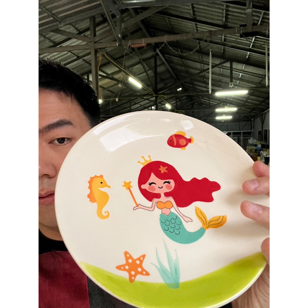จานเค้ก เซรามิค ขนาด 8 นิ้ว ลายนางเงือกม้าน้ำ จานขนมสไตล์คาเฟ่มินิมอล เข้าไมโครเวฟได้ ออกใบกำกับภาษีได้ รหัส11824