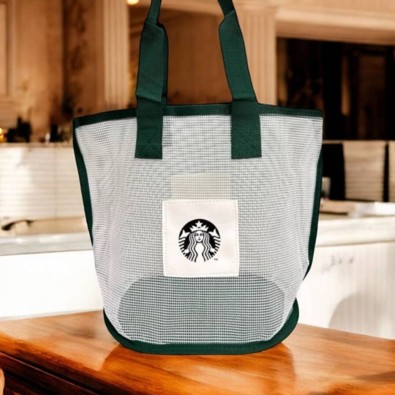 กระเป๋าตาข่าย Star Bucks ผ้าตาข่ายอย่างดี ป้ายหนัง หน้า-หลัง มีรองก้น ใส่ของได้เยอะ ขนาด 33x27x17cm 