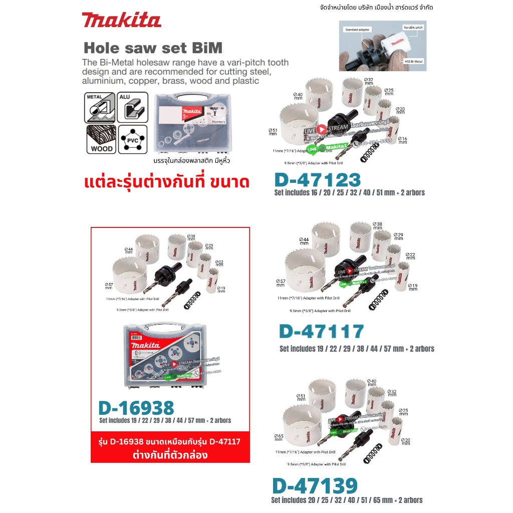 MAKITA ชุดดอกโฮลซอ 6ตัว/ชุด เจาะไม้ เหล็ก พีวีซี อลู รุ่น D-47123 / D-47117 / D-47139 / D-16938 Bi-Metal Hole Saw Set