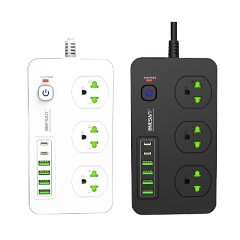 ปลั๊กไฟ ONESAM รุ่น T09(NEW) เต้ารับ 3 ช่อง 3.6A 2300W PD 2 พอร์ต USB 4 พอร์ต มีสวิตซ์ ยาว 2,5 เมตร สีดำ/สีขาว
