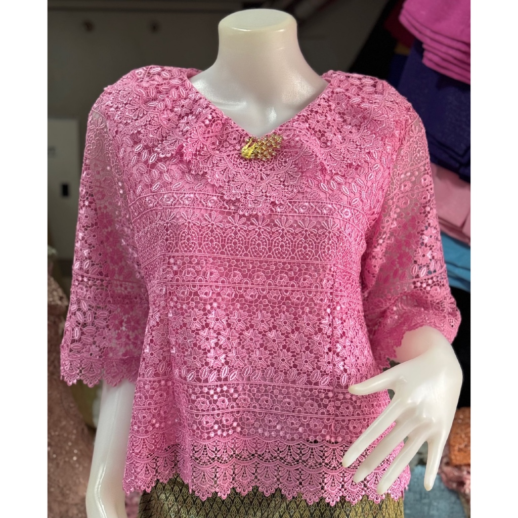 เสื้อลูกไม้แขนยาว คอกลม คอจีน คอจีบ ปกบัว