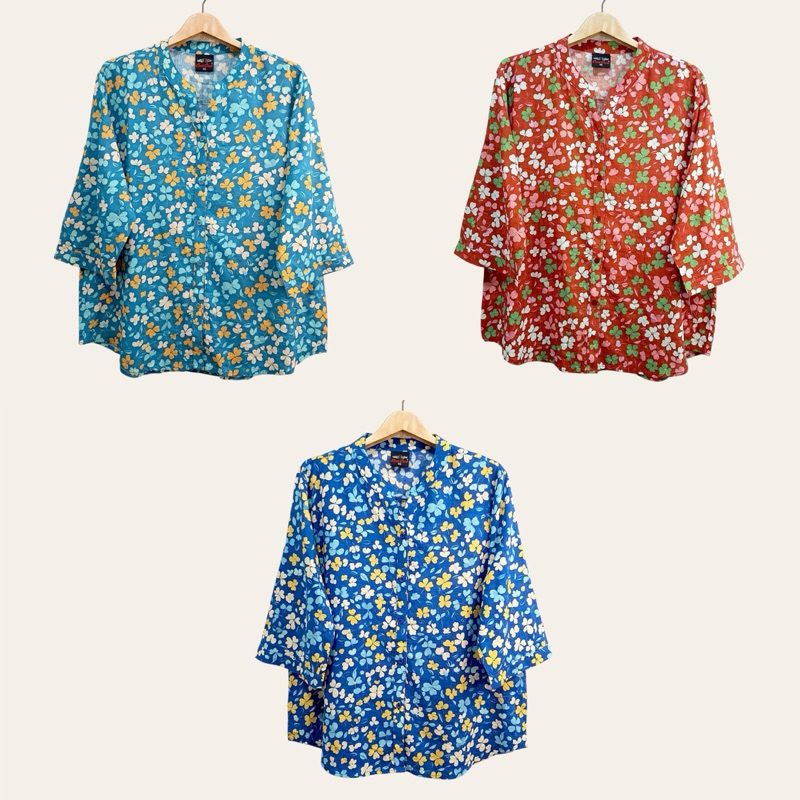 (อก 46”) เสื้อคอกลม เเขนสามส่วน ผ่าหน้า ลายดอก ผ้าลินินผสมฝ้าย ใส่สบาย
