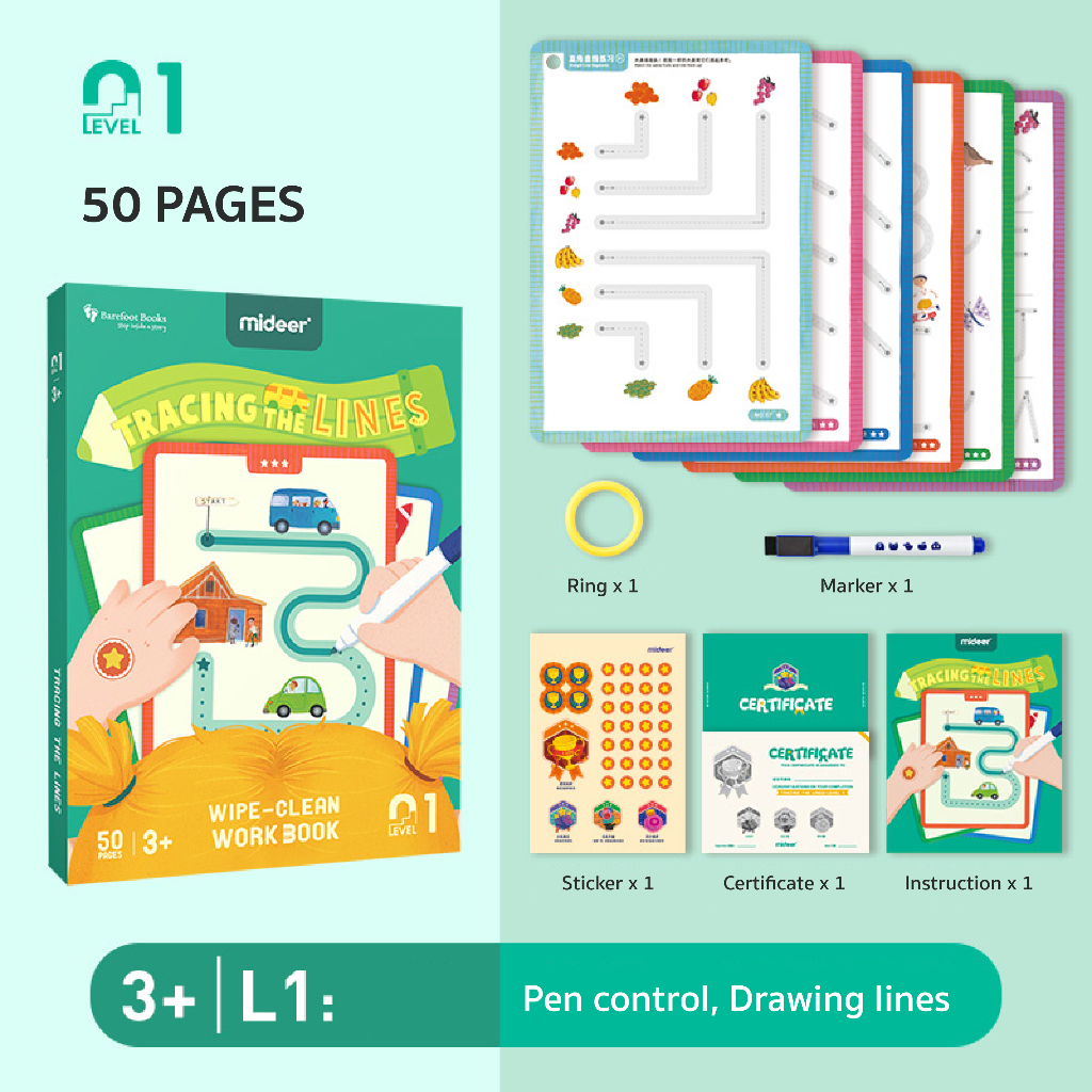 Wipe-Clean Workbook สมุดฝึกลากเส้น ลากเส้นต่อจุด ขีดเส้นตามรอยประ ฝึกเขียน ลบเขียนใหม่ได้