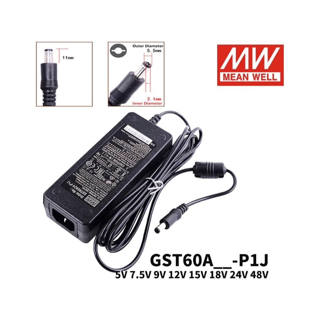 Adapter 12V 5A 60W Mean Well รุ่น GST60A12-P1J (Adapter ไม่รวมสาย AC Power)