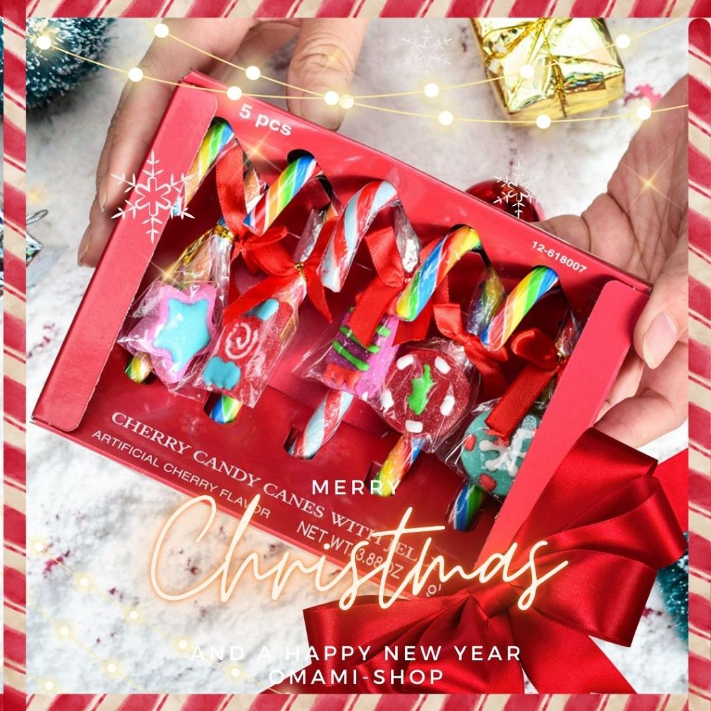 [ ออกใบกำกับ ทักก่อนสั่ง] ไม้เท้าแคนดี้+เยลลี่เคลือบน้ำตาล Candy Cane (5 ชิ้น/กล่อง) ลูกกวาด คริสต์มาส เยลลี่ พร้อมส่ง