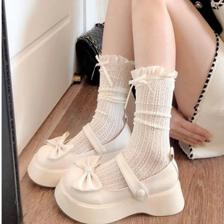 COD-ในไทย💖ถุงเท้ายาวถุงน่องหวาน JK Lolita Bowknot เข่าผู้หญิง Hollow Out ตาข่าย ถุงน่อง สไตล์ญี่ปุ่นสาว-Kri