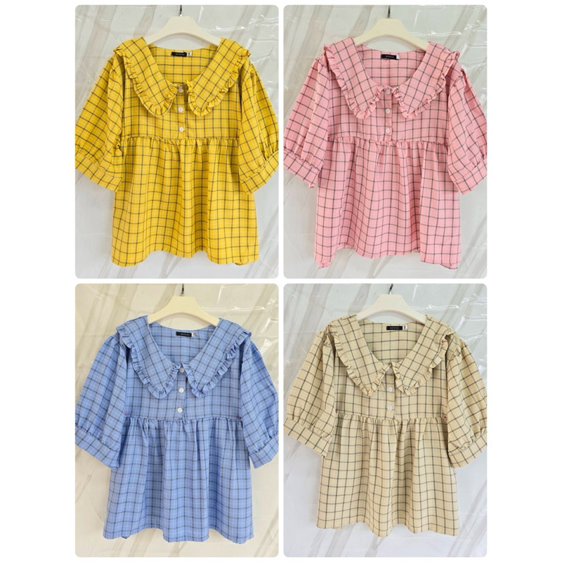 เสื้อลายสก็อต ปกบัว ผ้าTK