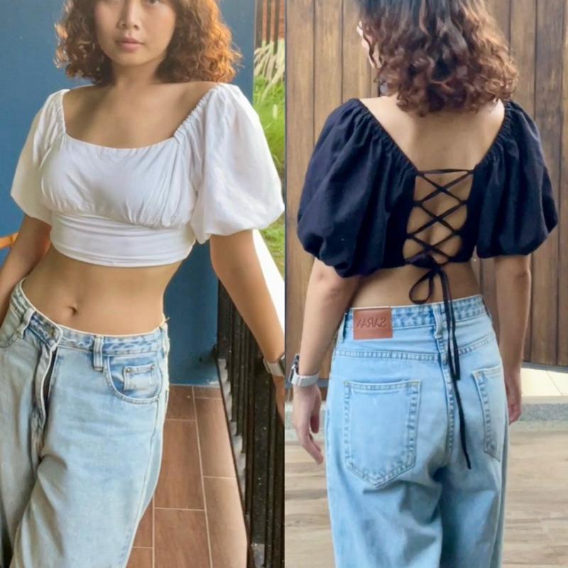 เสื้อครอปแขนตุ๊กตา ผูกโบว์ข้างหลัง