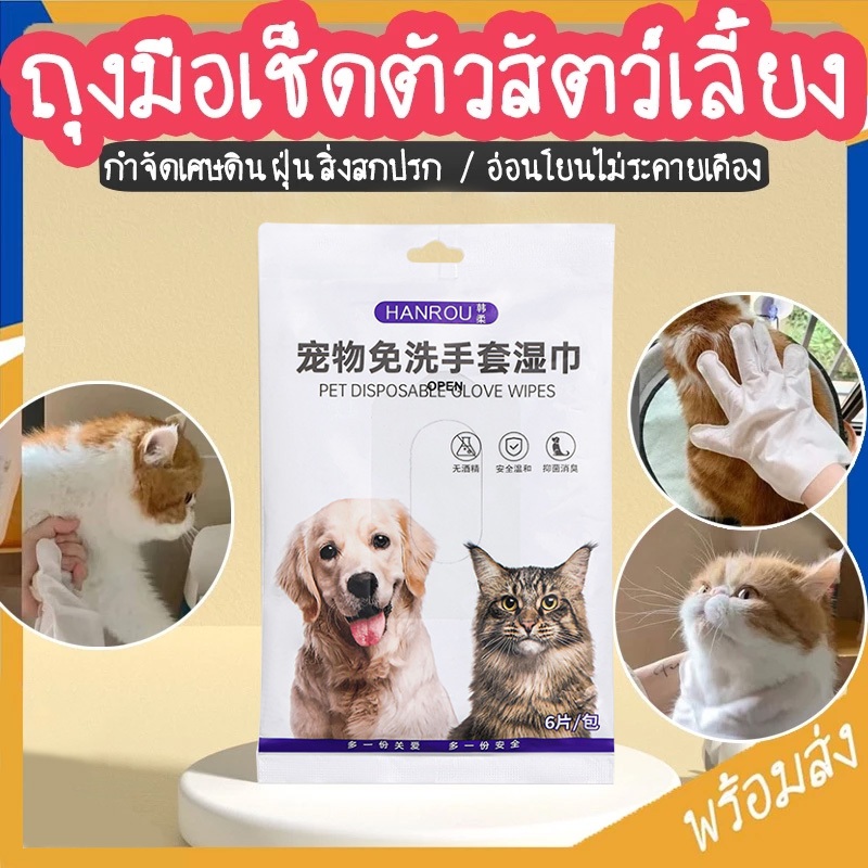ถุงมืออาบน้ำแมว/ถุงมืออาบน้ําสุนัข 6ชิ้น/ห่อ ทิชชู่เปียกเช็ดตัวสัตว์เลี้ยง แบบใช้แล้วทิ้ง ทำความสะอาด สุนัข แมว ช่วยAnti