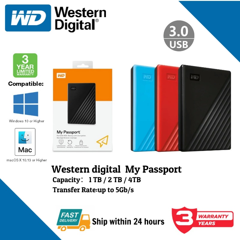 Western Digital WD My Passport 2.5"USB 3.2 External Harddisk ฮาร์ดดิสพกพา ฮาร์ดไดรฟ์คุณภาพสูง Harddisk External