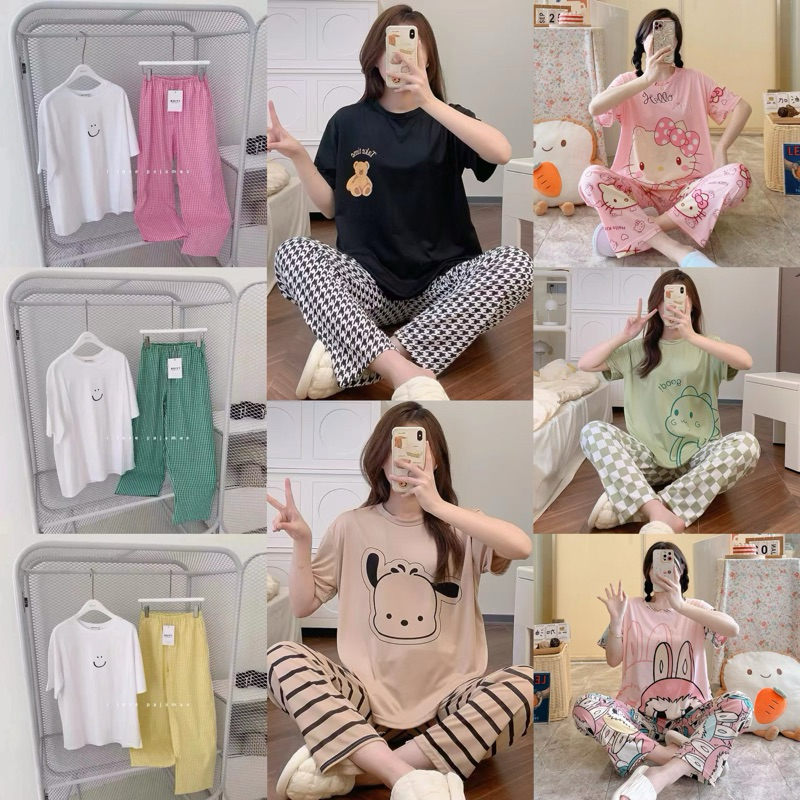 ชุดนอน ชุดนอนผ้าคอตตอน ชุดนอนผู้หญิง ชุดนอนแขนสั้นขาสั้น เสื้อยืดคอกลม+กางเกงลายสก็อต P78