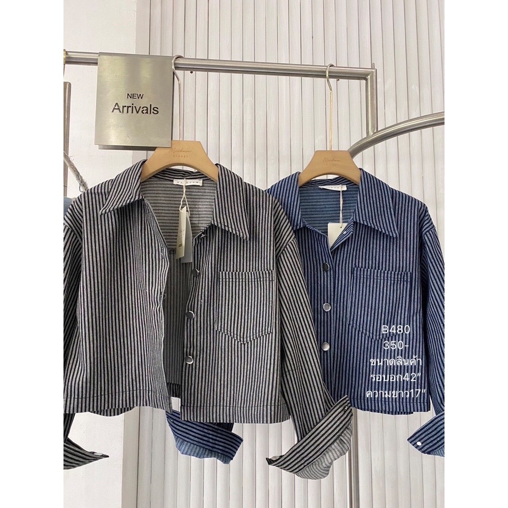 B480 เสื้อเชิ้ตลายทางทรงครอป สไตล์วินเทจ