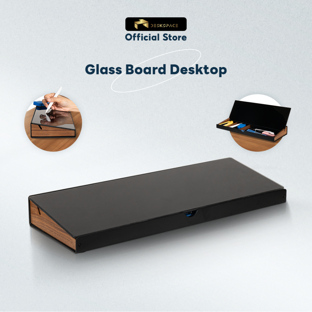 DESKSPACE Glass Board Desktop ไวท์บอร์ดผิวกระจก ฐานไม้แท้ มีช่องเก็บอุปกรณ์ใต้ท็อป แถมฟรีปากกาไวท์บอร์ด แปรงลบกระดาน