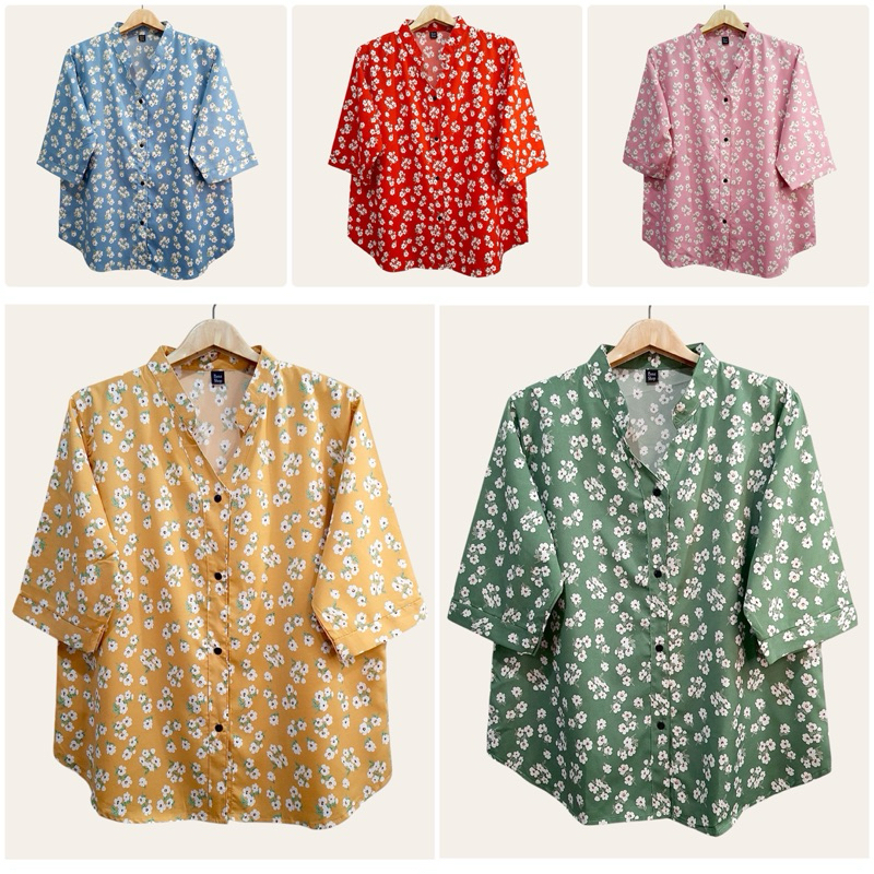 (อก 44”) เสื้อคอจีน เเขนสามส่วน ผ่าหน้า ลายดอก ผ้าไหมอิตาลี ไม่ต้องรีด