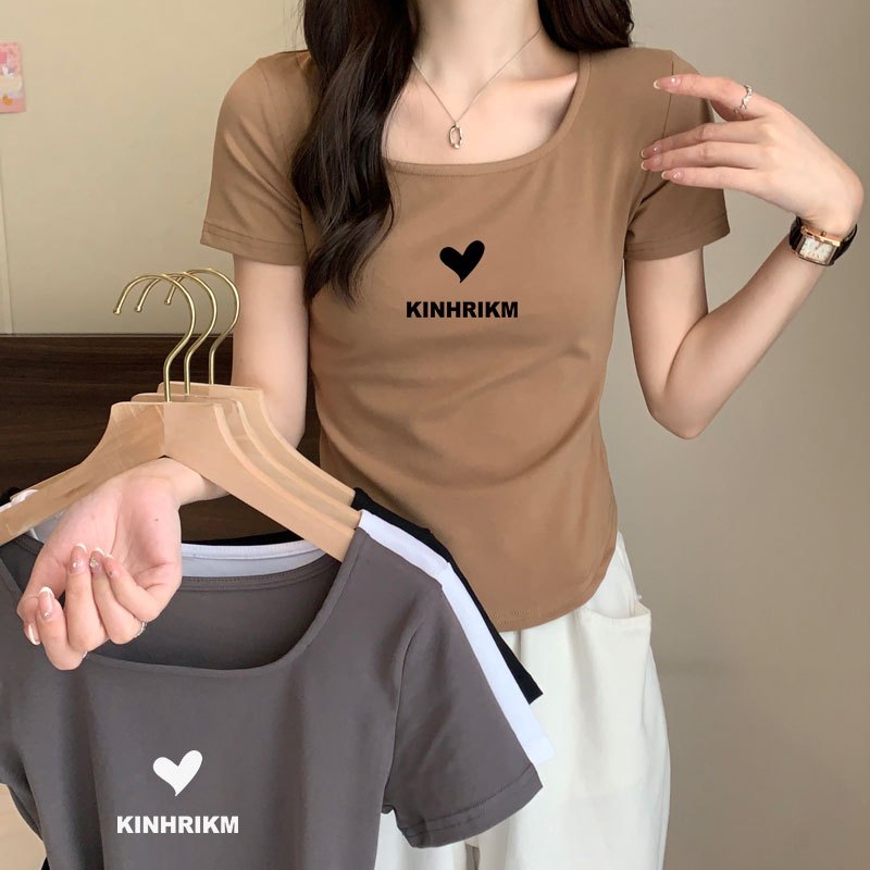 เสื้อครอปคอเหลี่ยมแฟชั่นมาใหม่ พิมพ์ลาย เสื้อผ้าสาวอวบน่ารักๆ เสื้อยืดสวยๆผู้หญิงรัดรูปสลิมฟิตมินิมอลสไตล์เกาหลี M-3XL