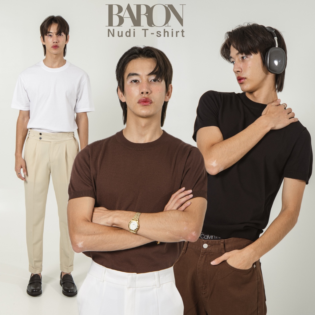 BARON Nudi Fit knit T-shirt เสื้อคอกลมผ้านุ่มทรงพอดีตัว เสื้อผ้า ผู้ชาย สุภาพบุรุษ