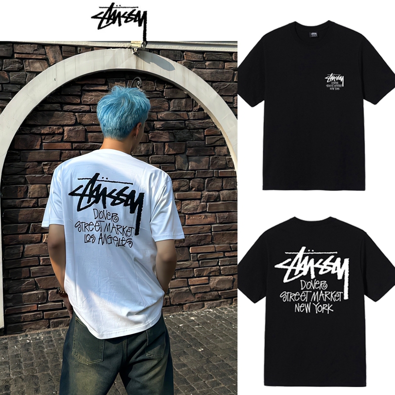 Stussy DSM city Limited Series พิมพ์ตัวอักษร Los Angeles เสื้อยืดแขนสั้นคอกลมลายดอกไม้สไตล์เดียวกันสำหรับผู้ชายและผู้หญิ
