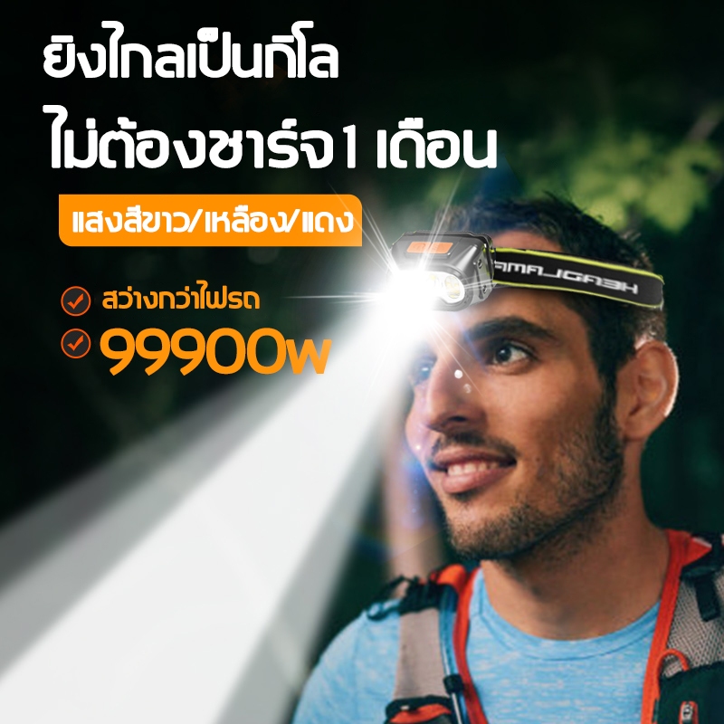 ไฟฉายคาดหัว ไฟฉายคาดศีรษะ ไฟฉายพกพาแรงสูง ชาร์จไฟ USB สว่างมากไฟฉายติดหน้าผาก กันน้ำ มีระบบเซนเซอร์