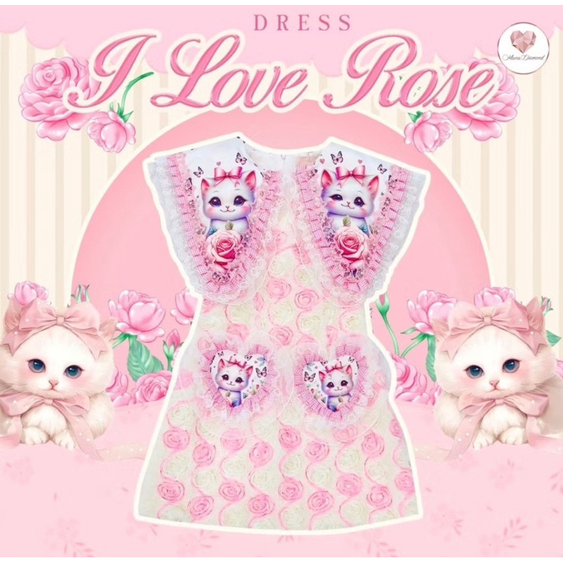 เดรสผ้ากุหลาบ3Dขนสั้น ปกแหลม ไซร์Lงานมือ1ป้ายห้อยค่ะ