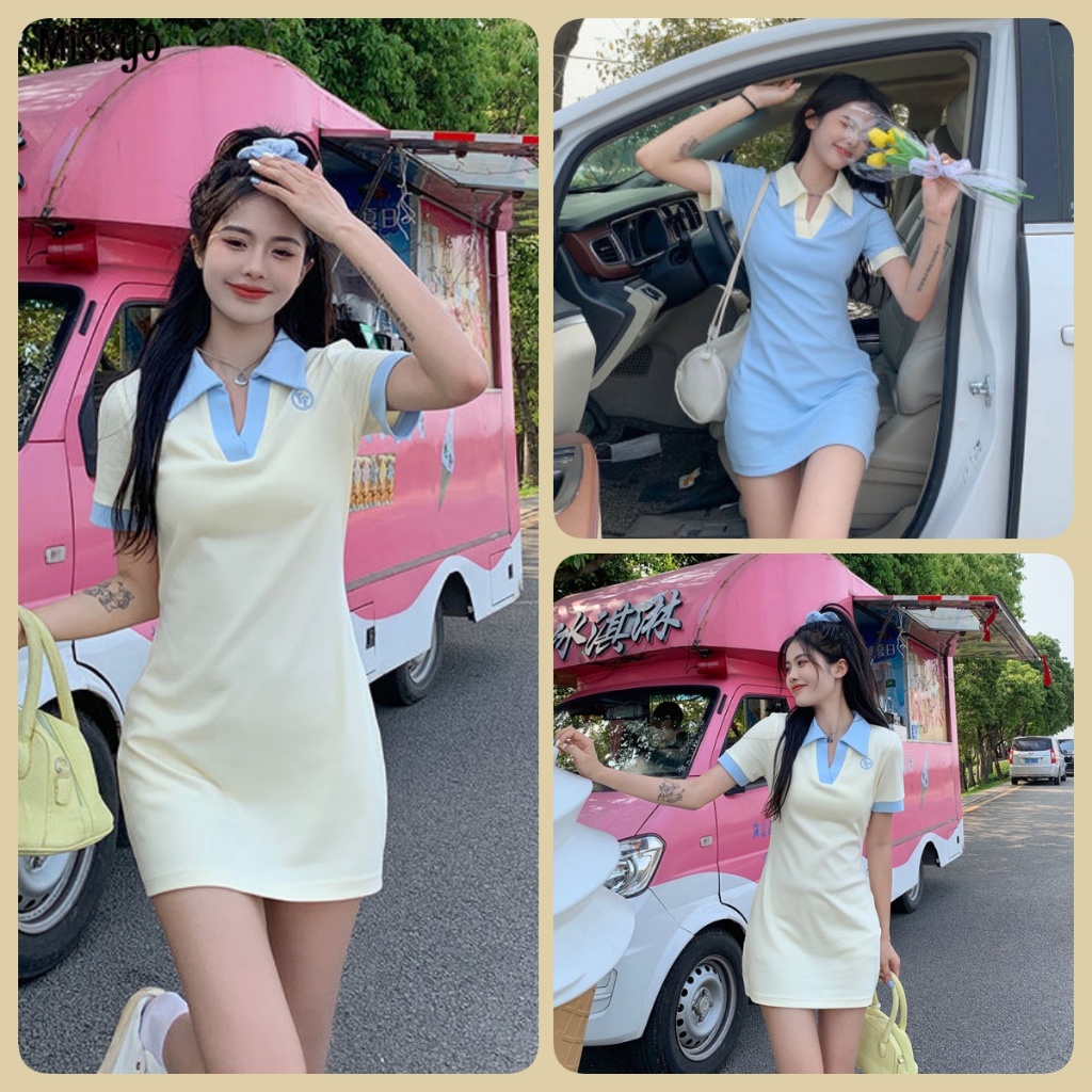 Missyo ชุดเดรสคอปกโปโลบล็อคสีกระโปรงแขนสั้นทรงเข้ารูปสำหรับผู้หญิง