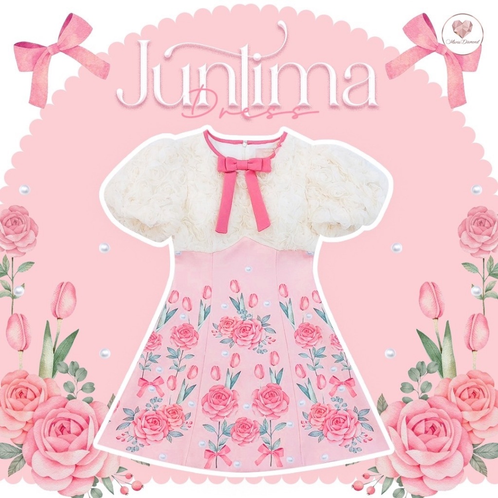 (มี 2XL) Juntima Dress เดรสสั้นผ้าเปเปตัดต่อผ้าดอกไม้ 3D ครีม แขนตุ๊กตาสั้นปลายสม็อค ดีเทลโบว์ตรงคอ มีซับใน ใส่ซิปหลัง