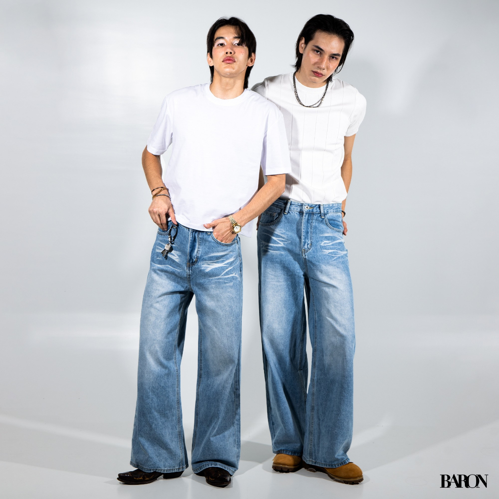 BARON "NOAH" Baggy jeans กางเกงยีนส์ขากระบอกใหญ่สีฟ้าอ่อน ความยาว 42 นิ้ว