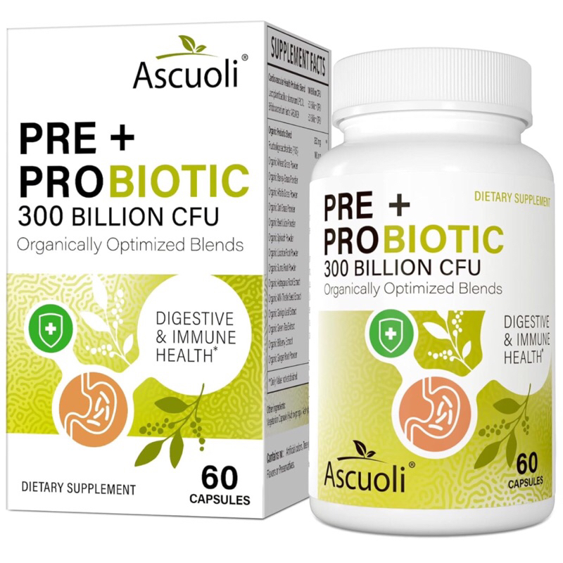 ( ASCUOLI ) PRE ➕ PROBIOTIC 300 BILLION CFU- โปรไบโอติกสำหรับผู้หญิงและผู้ชาย ( 60 แคปซูล ) นำเข้าจากอเมริกา