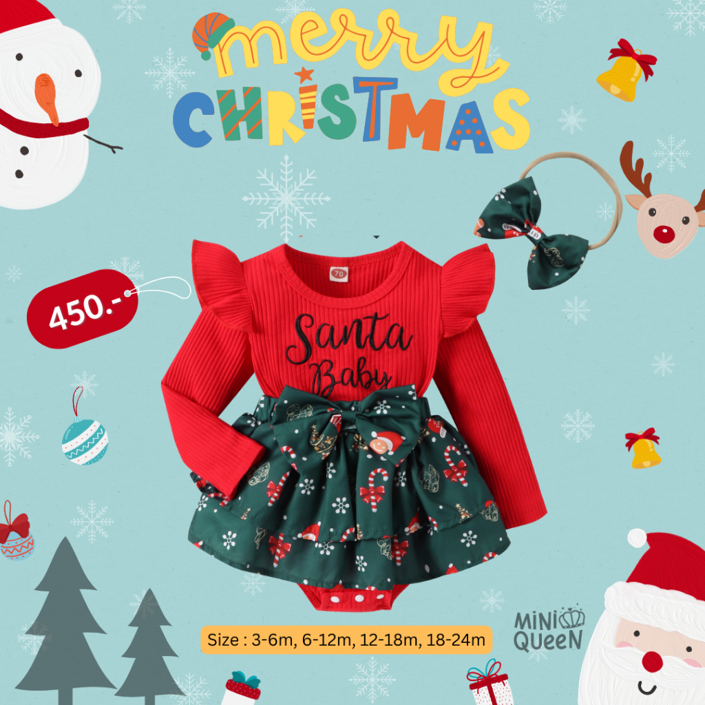 ชุดคริสมาสเด็กอ่อน ชุดบอดี้สูทเด็กอ่อน Christmas Bodysuit ลายซานต้าเบบี้ พร้อมที่คาดผมโบ (BDS00205)