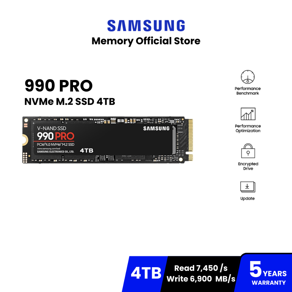 SAMSUNG 990 PRO SSD M.2 7,450 / 6,900 MB/s ความจุ 4TB : 5Y (990 PRO / MZ-V9P4T0BW)