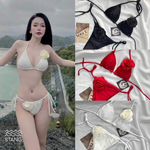 Rise bikini 🌹บิกินี่ สามเหลี่ยม แต่งดอกไม้ ผูกอกผูกเอว ดำ/ขาว/แดง/ชมพู