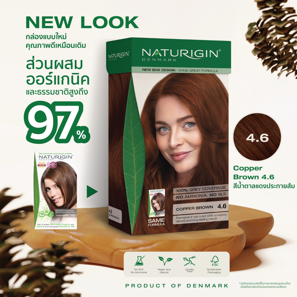 NATURIGIN Copper Brown 4.6 สีน้ำตาลแดงประกายส้ม สีผมออร์แกนิค นำเข้าจากเดนมาร์ก ทำได้เองที่บ้าน