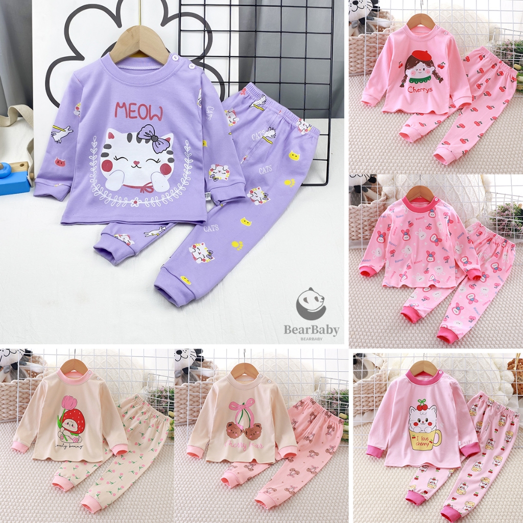 ชุดกันนาวเด็กหญิง ชุดนอนเด็ก เสื้อแขนยาว+กางเกงขายาว ลายการ์ตูน ผ้าฝ้ายแท้ ผ้าหนา
