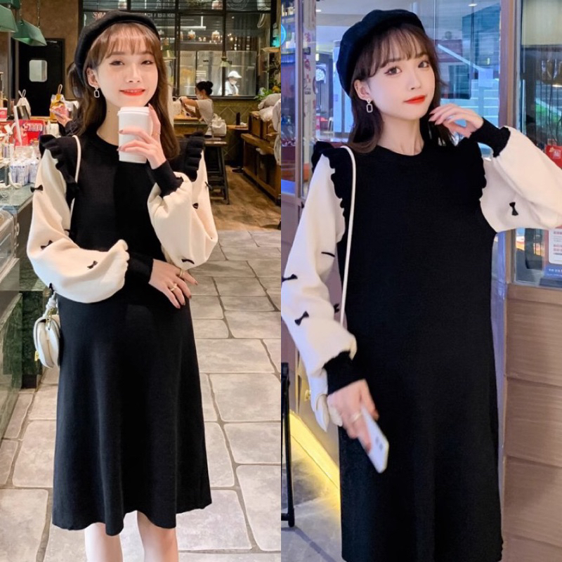 เดรสแฟชั่นเกาหลี ชุดคลุมท้องแฟชั่น ชุดผู้หญิงน่ารัก ชุดสาวอวบ ใส่ได้สบาย ไม่ท้องก็ใส่ได้ พร้อมส่ง