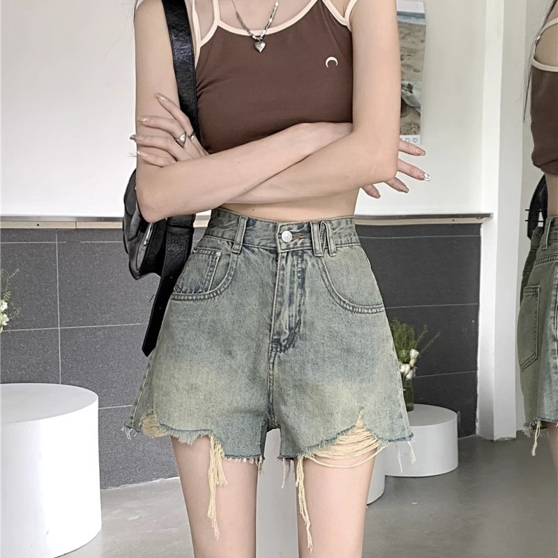 (8120)Jeans กางเกงยีนส์แฟชั่น ผญ ขาสั้น ปลายขาดเก๋ๆ ผ้ายีนส์แท้ กางเกงยีนส์เอวสูง ขากว้าง สวมใส่สบาย