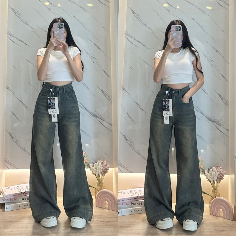 Baggy Jeans สีสนิมแต่งเฟด B551 ใส่สไตล์เอวต่ำ-เอวสูงได้ตามชอบ กางเกงยีนส์ผ้าไม่ยืด งานติดเทรนด์