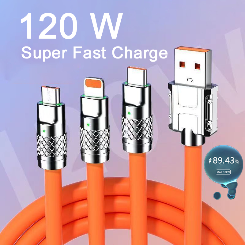 สายชาร์จ 3 in 1 ชาร์จไว Super Fast Charge สายชาร์จ USB สำหรับ iOS Type-C micro USB 120W 6A ใช้สำหรับ มือถือทุกรุ่น