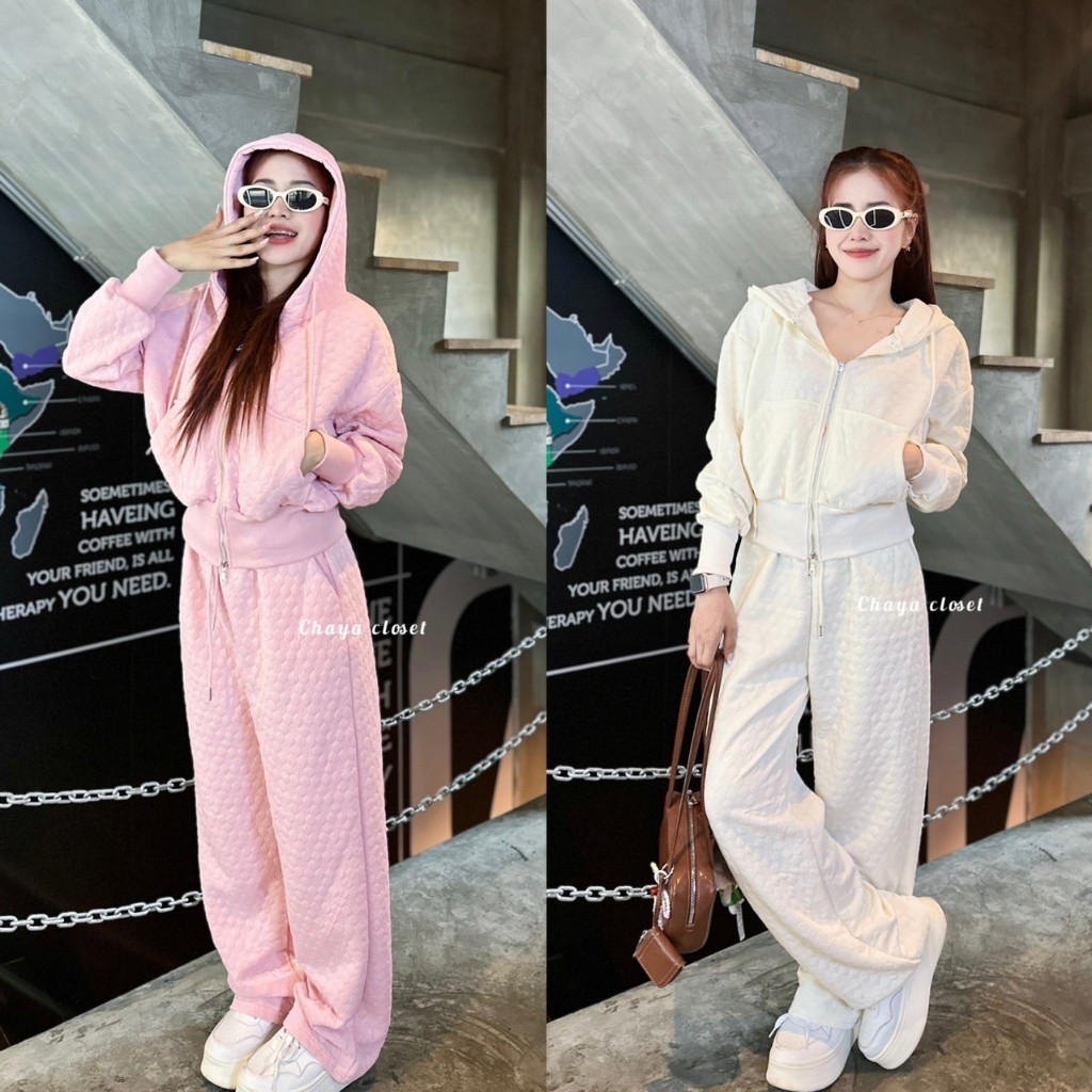 P817 ชุดเซ็ท2ชิ้น เสื้อคลุมแขนยาว เสื้อตัวยาว มีหมวกฮู้ด กางเกงวอร์มขายาว ผ้านวมทอลายขึ้นฟูสวย ชุดวอร์ม ชุดกันหนาว