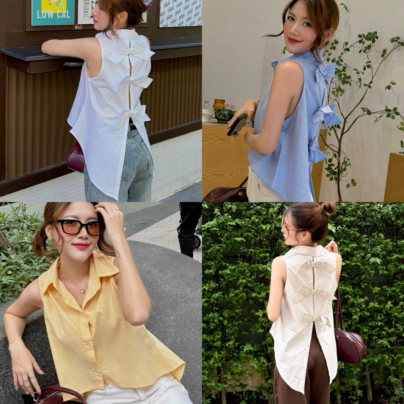 M18- เสื้อเชิ้ตแขนกุดหน้าสั้นหลังยาวผ้า Oxford แต่งโบว์ ผ่าหลัง น่ารักมาก