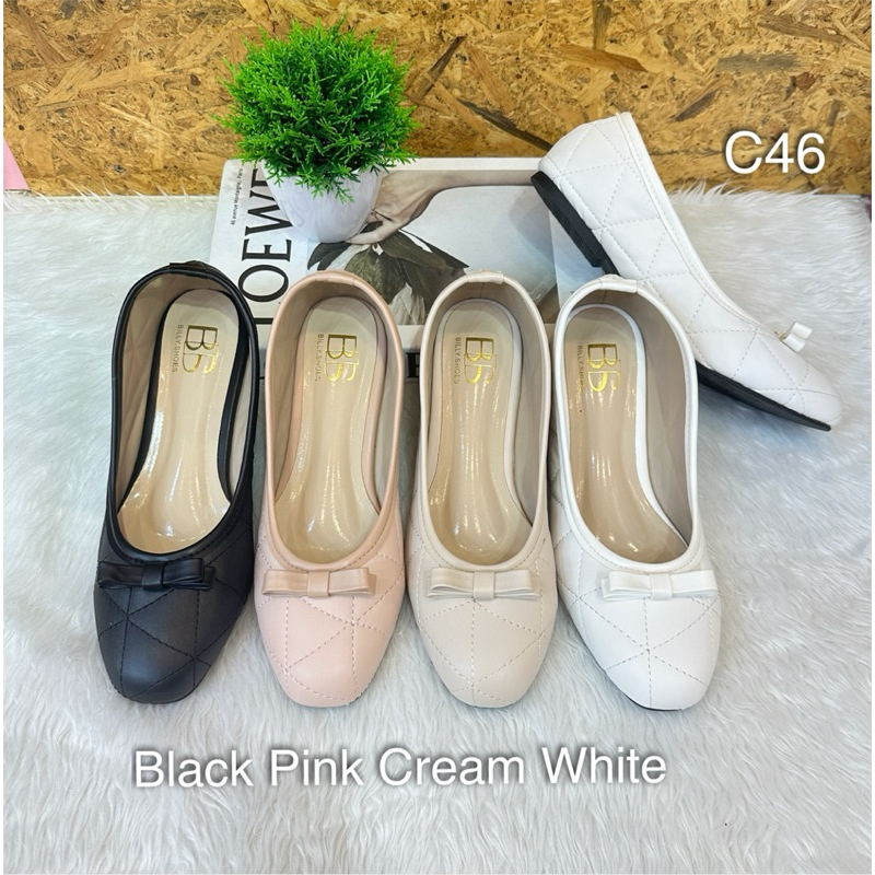C46บัลเลย์หัวตัดงานโบว์ ผ้าลายตารางส้นเตี้ยหนังนิ่มทรงสวย ใส่วันสบายชุดลำลองขนาดปกติแม่ค้าเท้ายาว 24 ซม.ใส่ 38