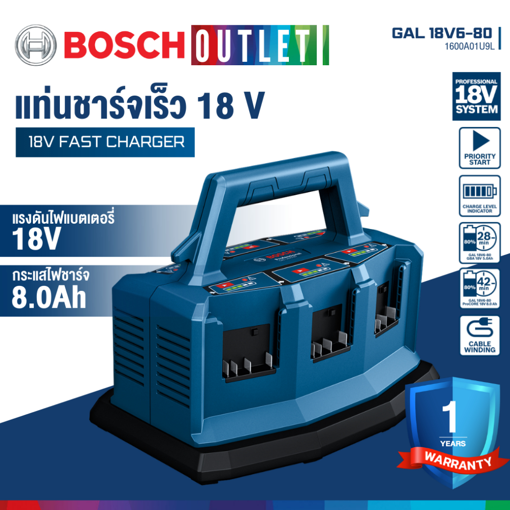 BOSCH GAL 18V6-80 แท่นชาร์จแบบเร็ว 18V สำหรับแบตเตอรี่ทั้ง 6 ชุด #1600A01U9L