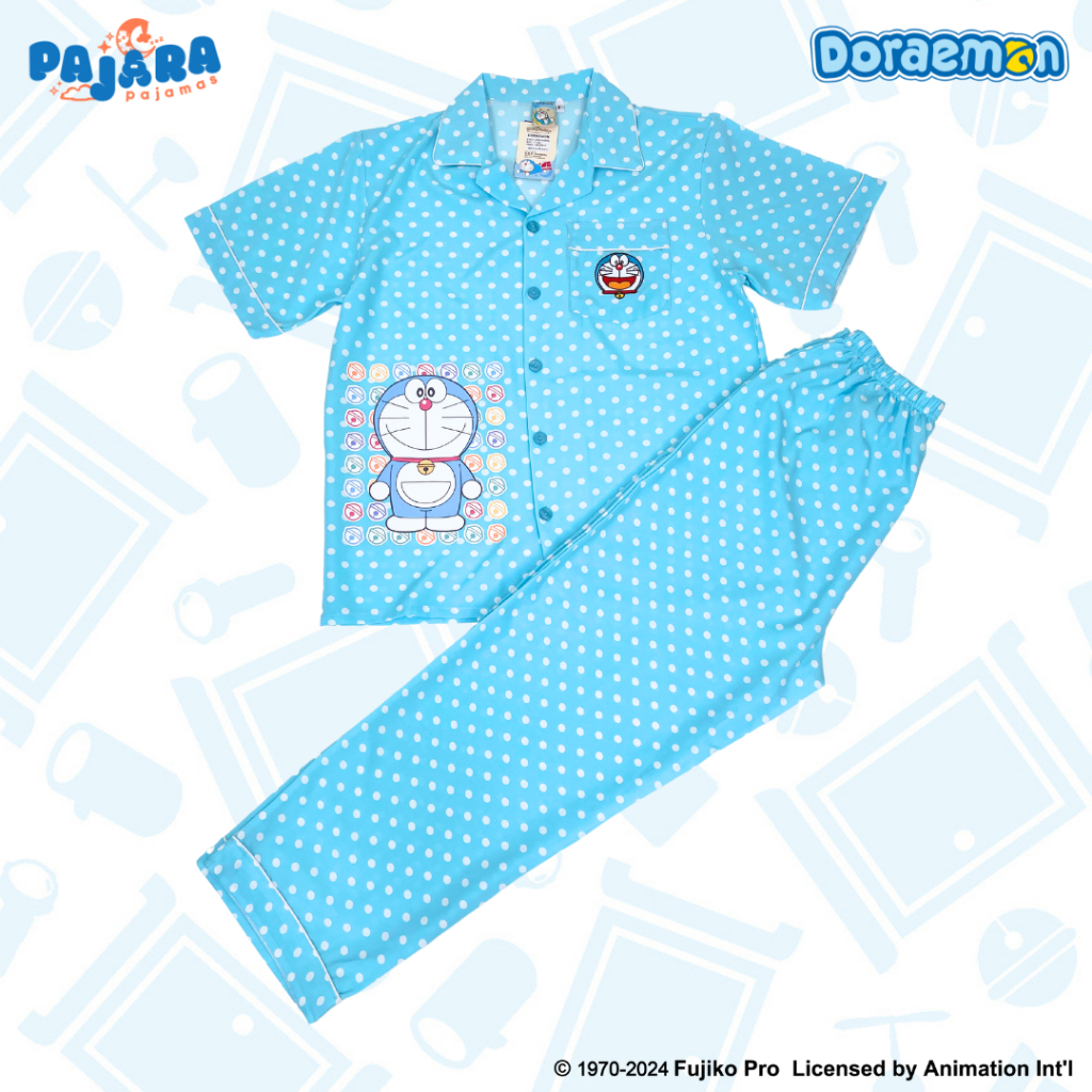 ชุดนอน Pajara Pajamas (Lite) DRM-0225 ลายโดราเอมอน เนื้อผ้าไหมอิตาลีลายจุด แบรนด์ PAJARA