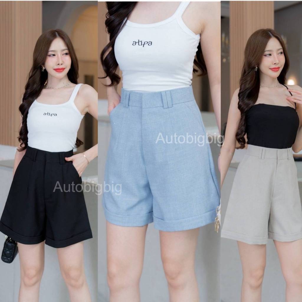กางเกงผ้าโซดาขาเบิ้ล New ขาสั้นเอวสูง ขาพับ หูเข็มขัดคู่ ยาว17นิ้ว กางเกงทรงบาบี้