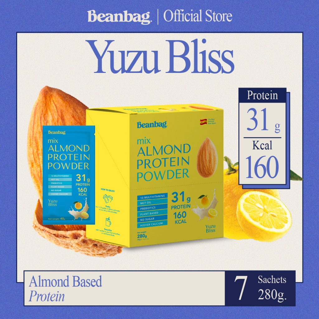 Beanbag Almond Protein Powder รส Yuzu Bliss 280g โปรตีนอัลมอนด์และโปรตีนพืชรวม 5 ชนิด รสยูสุบลิส