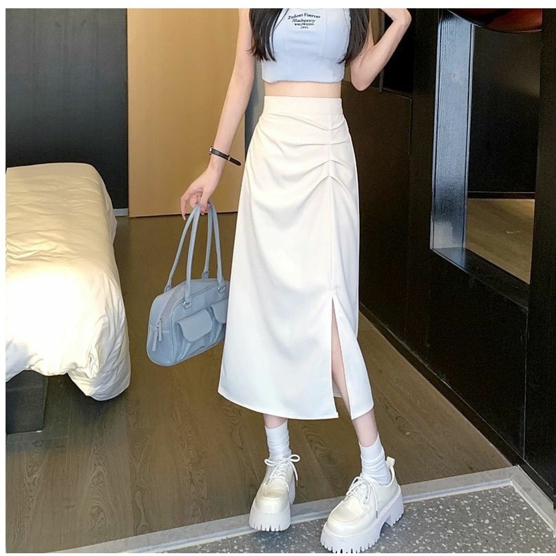 PX กระโปรงยาวผู้หญิง กระโปรงเอวสูง จับจีบ ผ่าข้าง เอวยางยืด สไตล์เกาหลี ใส่เที่ยว/ทำงาน สีครีม สีดำ