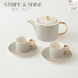 Violet Flamingo ชุดน้ำชารุ่น Stripe and Shine เซ็ตกาน้ำชาพร้อมแก้วและจานรองสีขาวลายขีดสีเขียวเข้มอมดำ วัสดุคุณภาพ