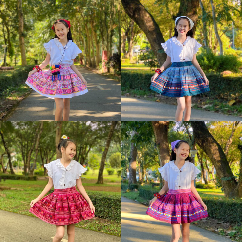 กระโปรงเด็กดอย(มีไซส์เด็ก2-15ปี)กระโปรงผ้าฝ้าย ผ้าพิมพ์ลาย เอวยืด