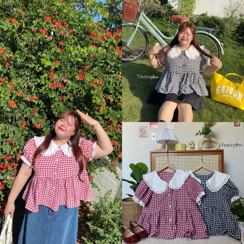 เสื้อครอปผ้าสก๊อต แขนตุ๊กตา แต่งคอบัวลูกไม้ งานสาวน่ารัก plussize สาวอวบ