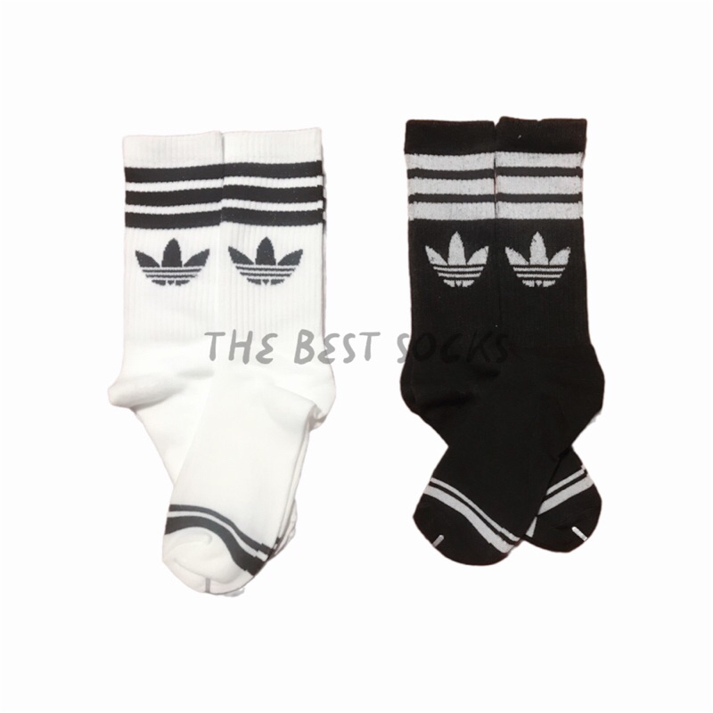 ถุงเท้าสตรีท Adidas 3แถบ สีพื้น ขาว - ดำ FREE SIZE