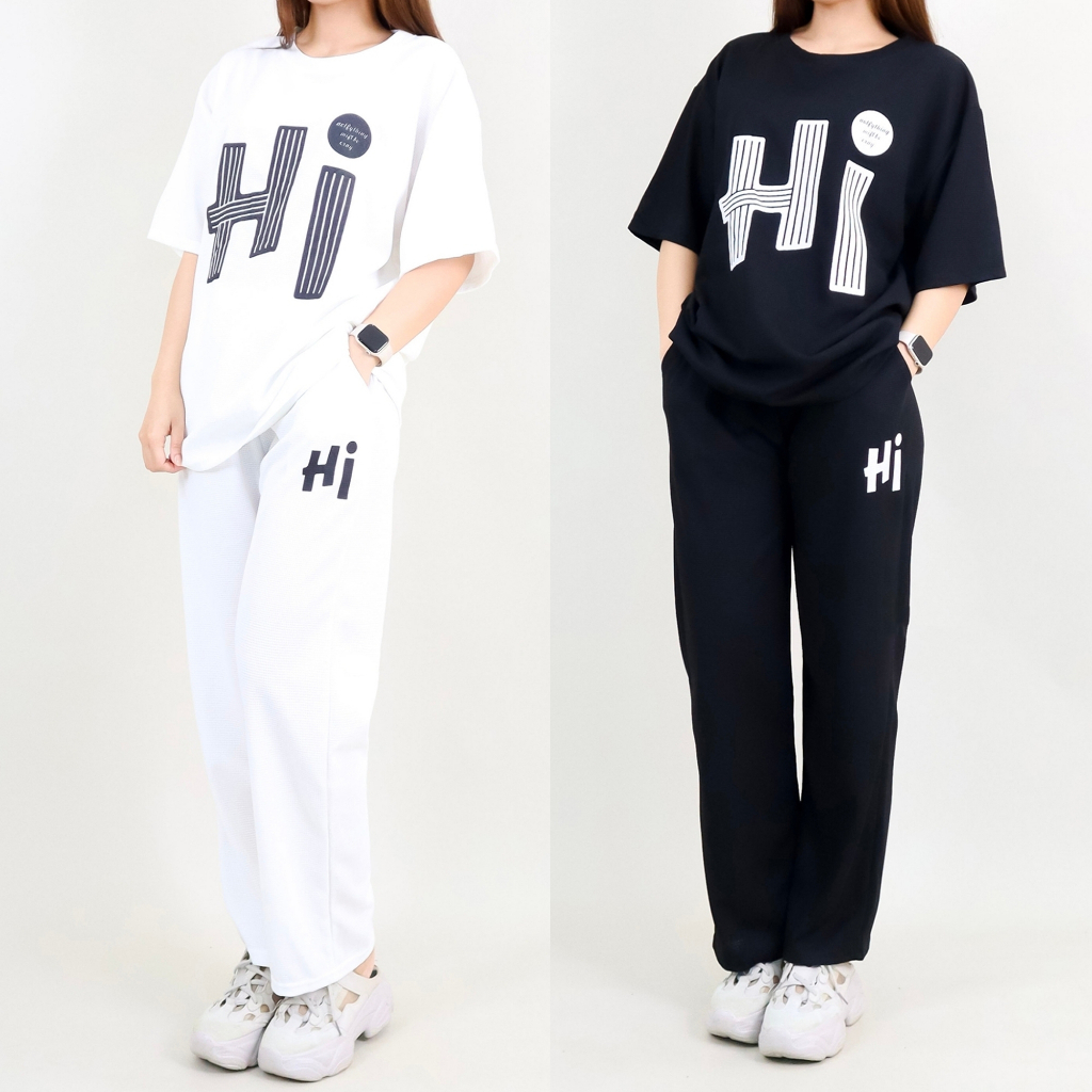 c9308# ชุดเซ็ท ผู้หญิง สกรีนลาย เสื้อคอกลม แขนสั้น กางเกงขายาว ทรงขากระบอกเล็ก ผ้าวาฟเฟิล